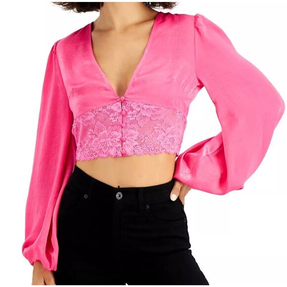 Bar III X-Large Cropped Top Long Balloon Sleeves Lace-Hem Button-Up V-Neck Pink - Picture 1 of 10